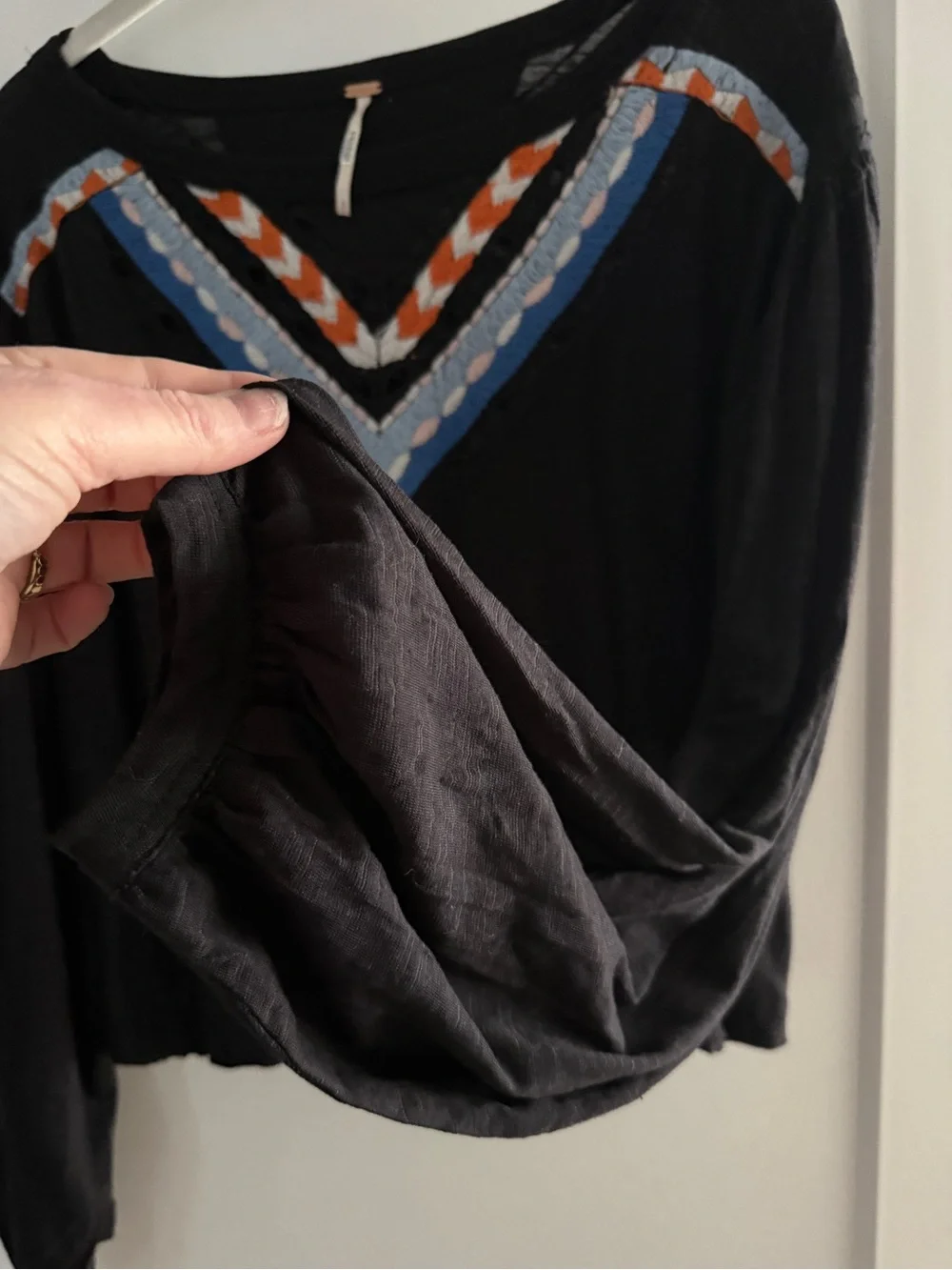 Free People Hand Me Down Boho Embroidered Top Balloon Sleeves Black Size Small